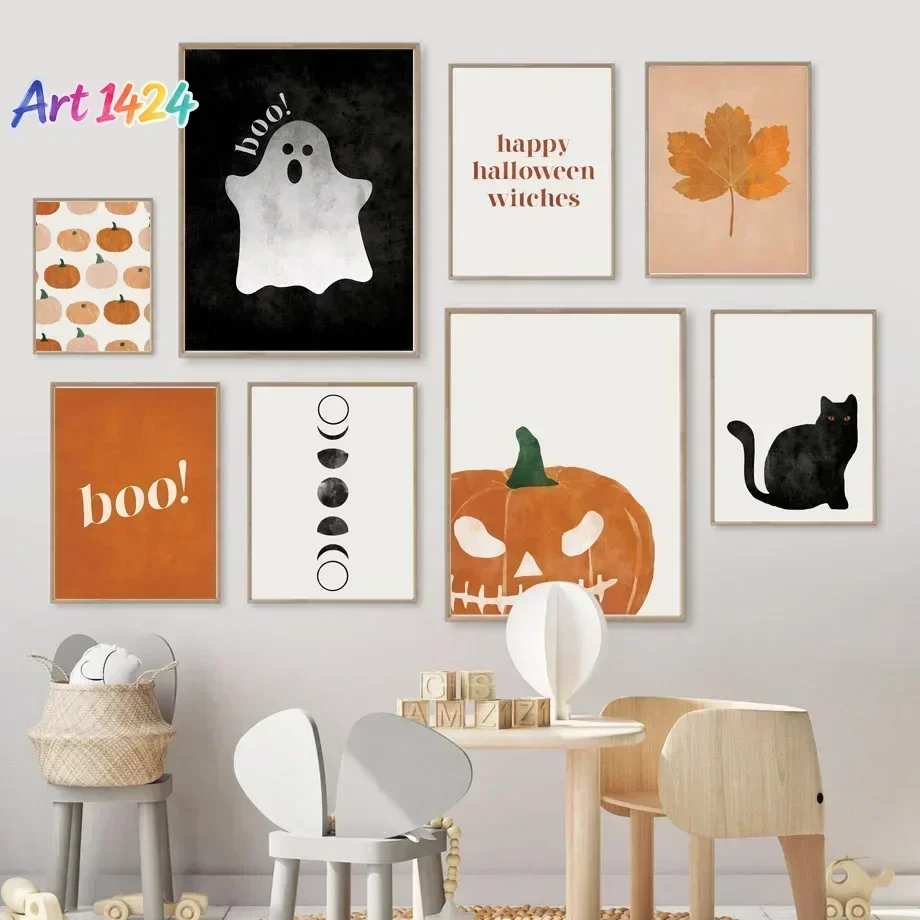 Cat Halloween Soul Pumpkin Wall Art Canvas Painting Nordic Posters And Prints Wall Picture For Baby Kids BedRoom Home Decorat