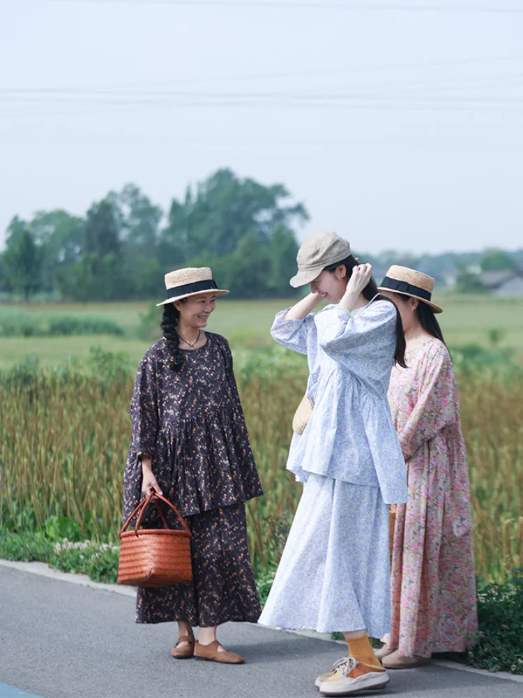 

Ele Loose Women's Doll irt Summer Casual Cotton 00% Floral Set Cover Belly Artistic Sle Top Quali Chinese Brand