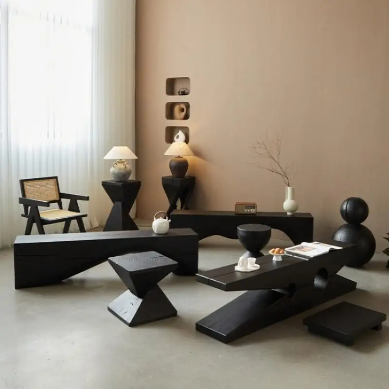 

Wabi Stillwind Carbonized Black Wooden Pier Solid Wood Bench Shoe Changing Stool B & B Retro TV Cabinet Living Room Tea Stool