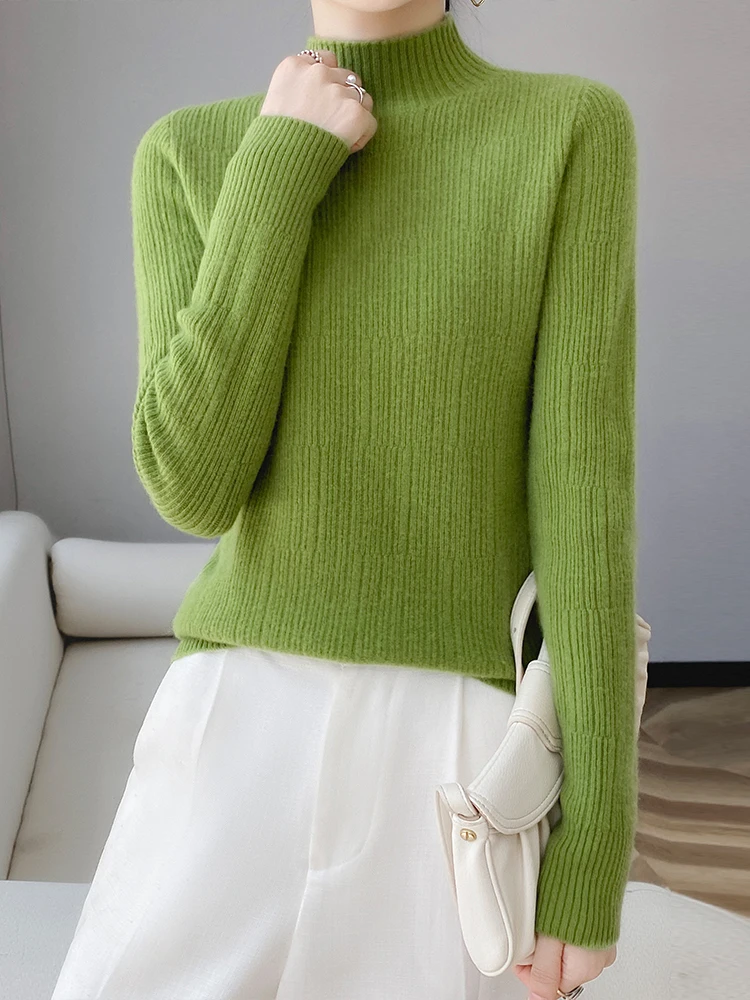 Confortável quente macio feminino mock neck pulôver 100% lã merino camisola de malha outono inverno feminino manga longa roupas topos