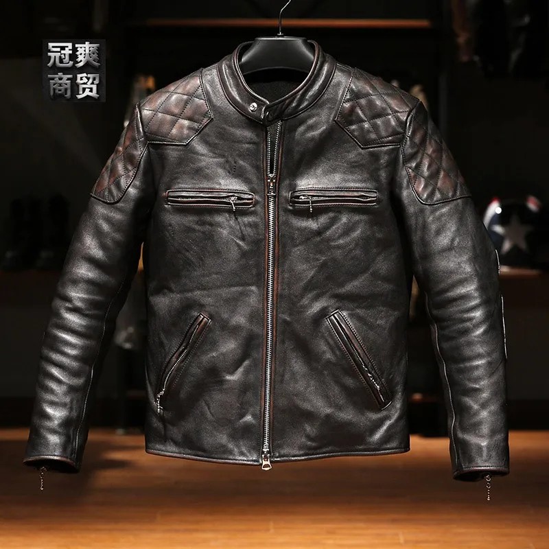 A men's casual motorcycle stand-up collar leather made of tea core cowhide