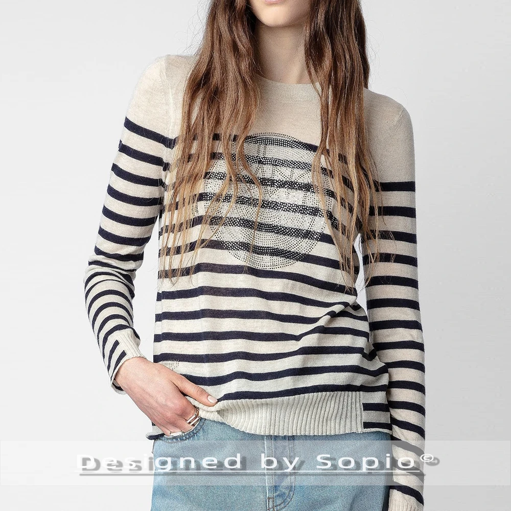 

Кашемировый вязаный свитер в полоску со стразами, женский зимний весенний джемпер с круглым вырезом и длинными рукавами, модные свитера, повседневный пуловер, топы 2026