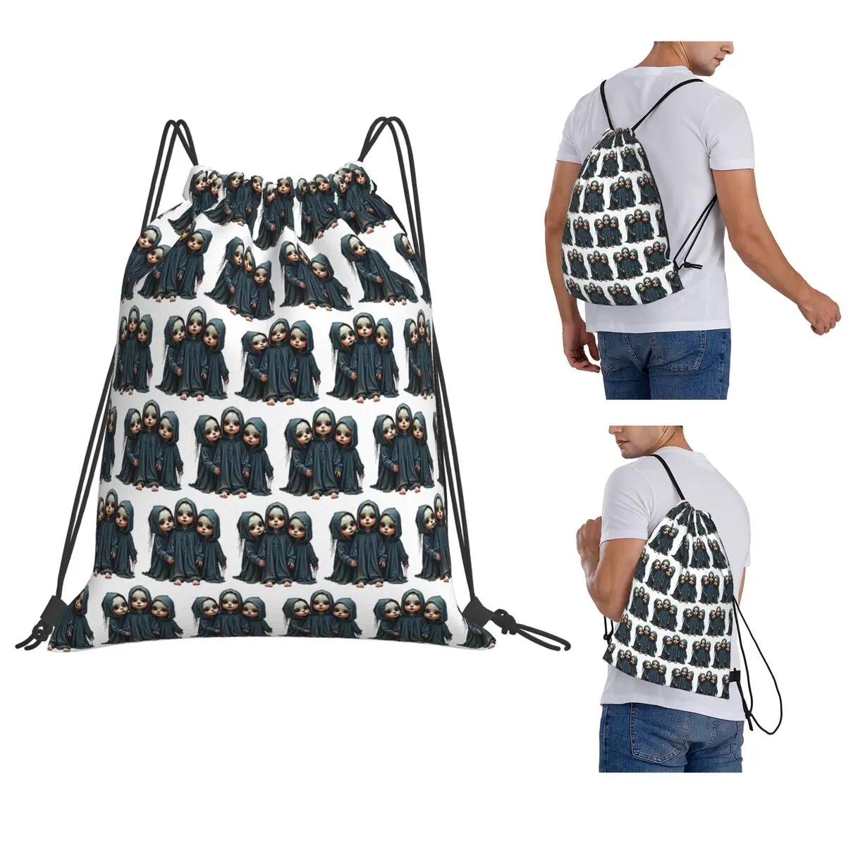 Three Eerie Dolls In Tattered Clothing Backpacks Fashion Drawstring Bundle Pocket Shoes Bag Book Bags for Travel Students