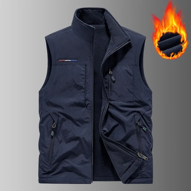 Men Reversible Polar Fleece Multi Pocket Vest Outdoor Fishing Photography Volunteer Sleeveless Waistcoat