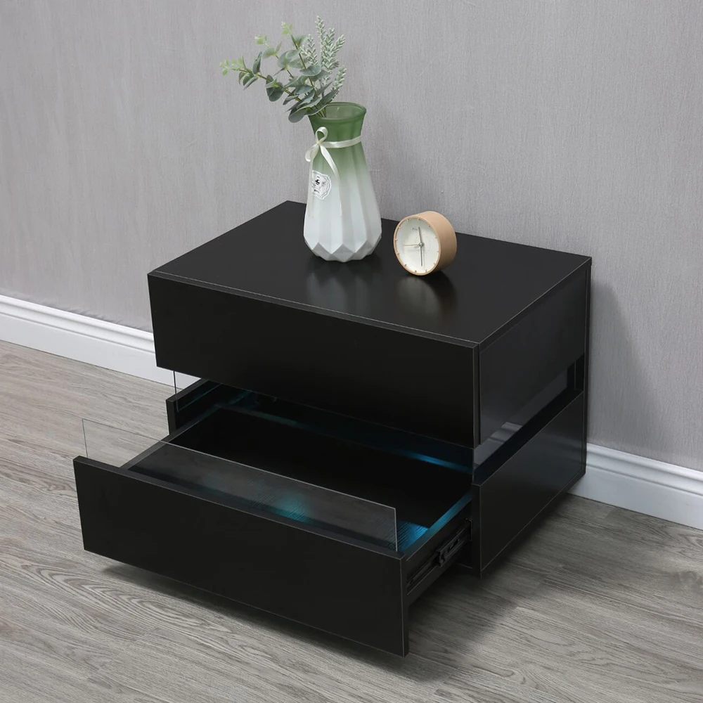 

Led Bedside End Table Nightstand 2 Drawers Modern High Gloss Night Stand Cabinet