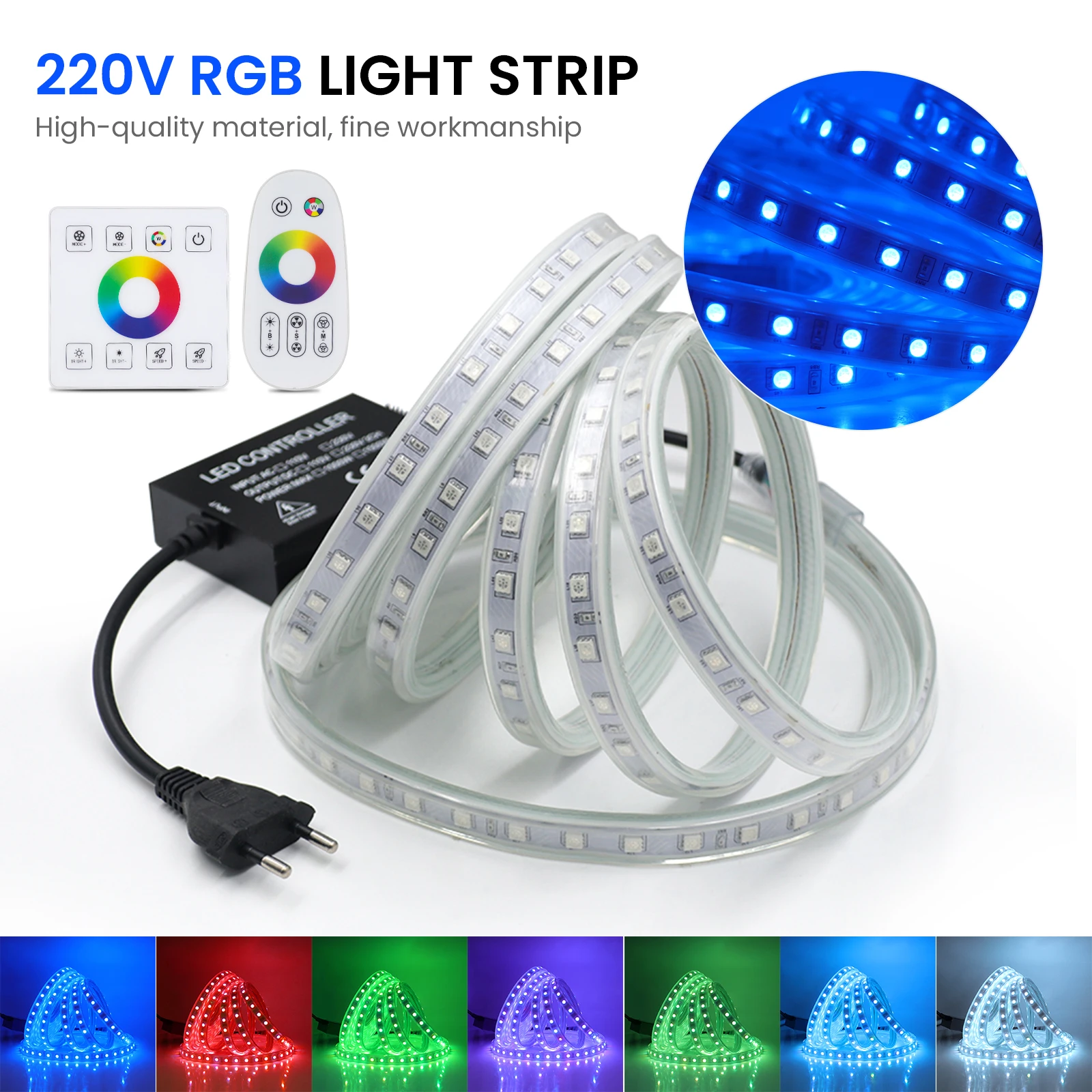 

220V 110V RGB LED Strip Light Waterproof 5050 60LEDs/m Flexible RGB LED Tape With 1500W Wall Touch Remote Controller Power Kit