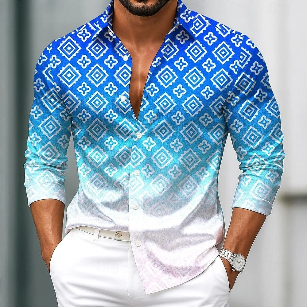 Camisa masculina de manga comprida com estampa geométrica gradiente, lapela de designer elegante com botão para férias de lazer ao ar livre