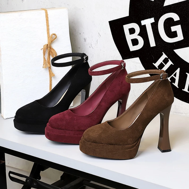 Light Mouth Round Toe Super High Heels Women Thick Heels Solid Color Single Shoes Double-Layer Waterproof Platform One-Button