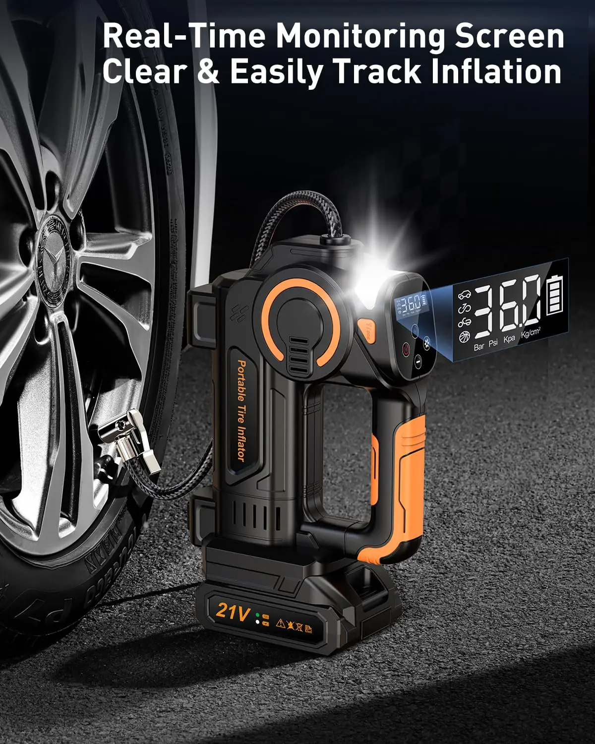 Tire Inflator Portable Air Compressor-21V Battery Powered Air Pump,Digital Cordless Car Pump 160 PSI Automatic 4+N Smart Mode