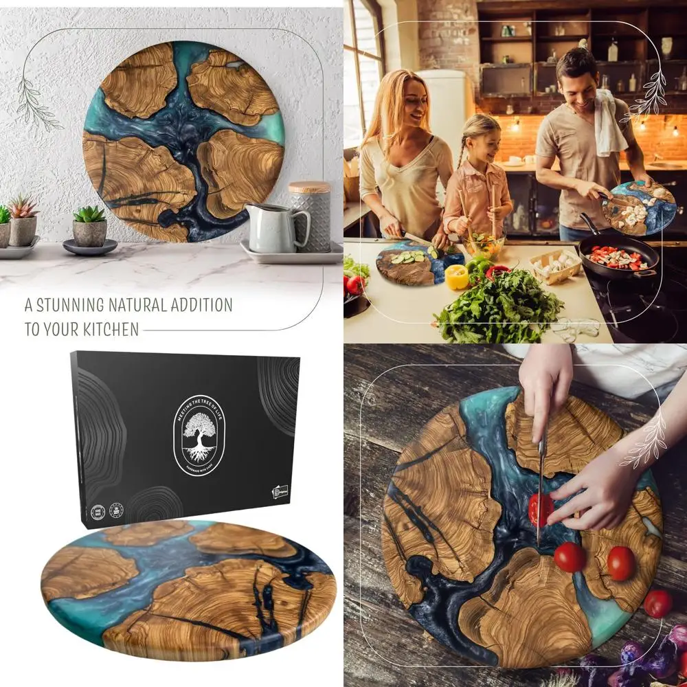 Tabla de cortar circular con infusión de resina de madera de olivo, tabla para servir carnicero y queso con temática oceánica, rebanadora de pizza de madera recubierta de epoxi