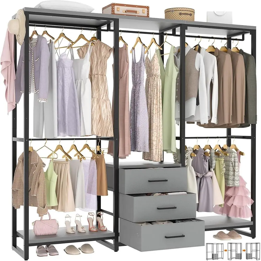 

Sturdy L-Shaped Wood Closet Organizer with Hanging Rack and Storage Shelves, Grey