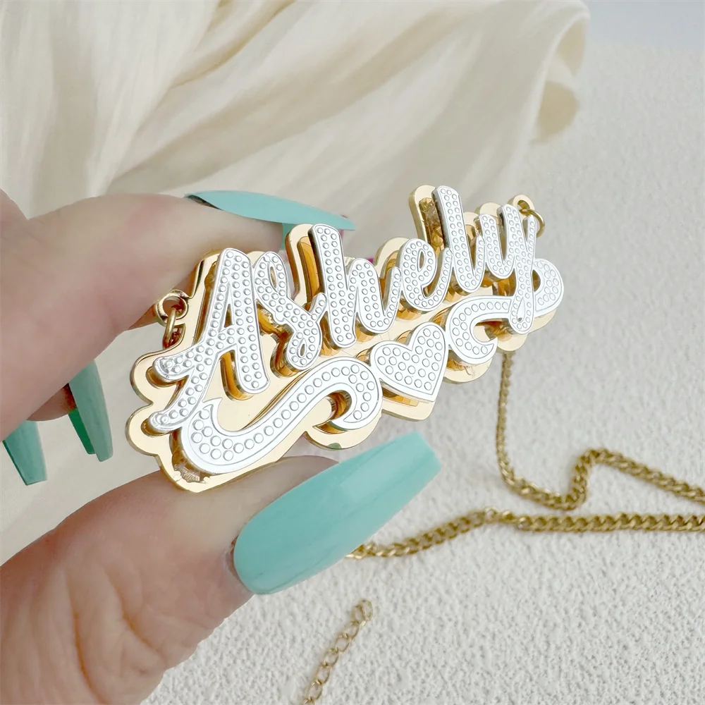 

3D Customized Nameplate Necklace 18K Gold Plated Double Layer Two Color Personalized Name Necklace Cuban Chain Necklace Women's