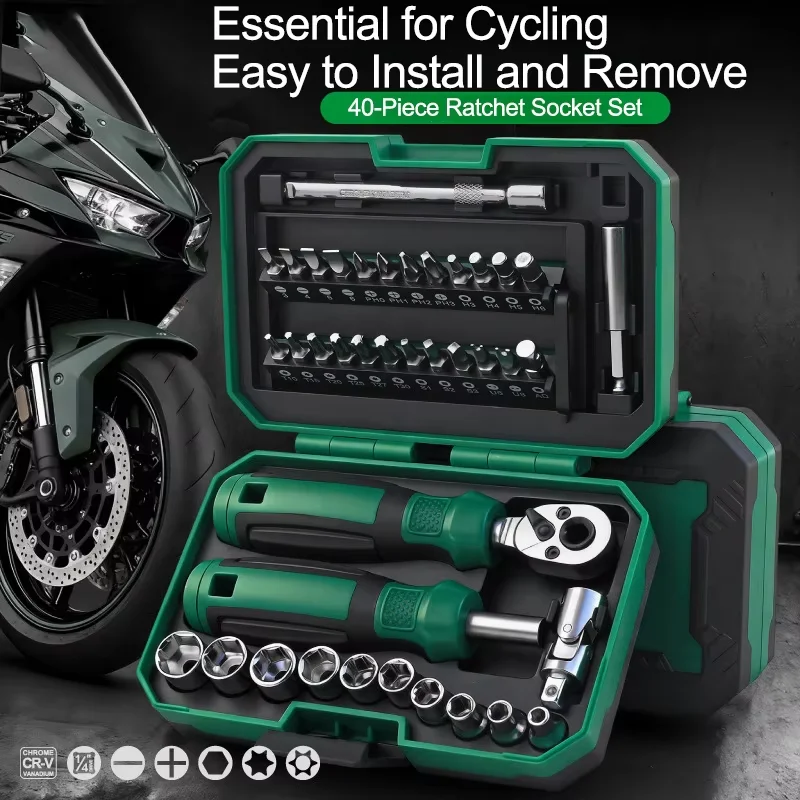 40 in1 Ratchet Socket Bit Set CR-V Steel Multi-Function Repair Kit for DIY Home & Bike Maintenance Essential Cycling Tool