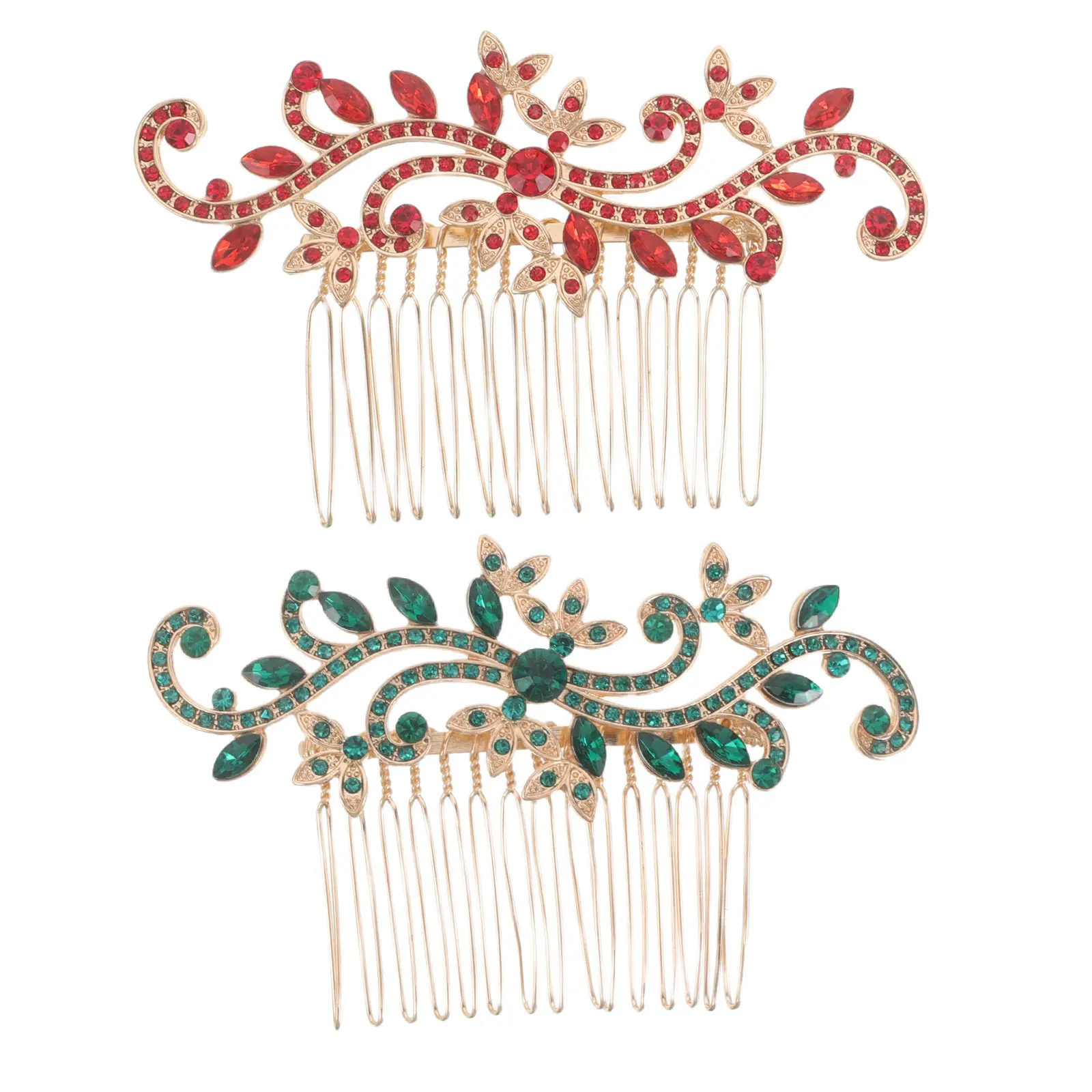 2Pcs Bridal Wedding Hair Comb Set Crystal Rhinestone Flower Hair Accessories Gold Red Hairpiece for Bride Tea