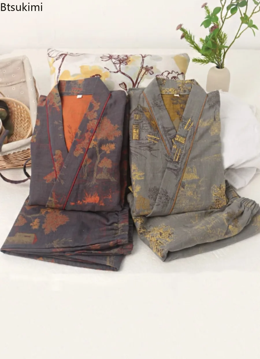 Spring and Autumn Men's Cotton Yarn Kimono Pajamas Robes Sets Jacquard Printed Home Clothing Medium Length Breathable Bathrobe