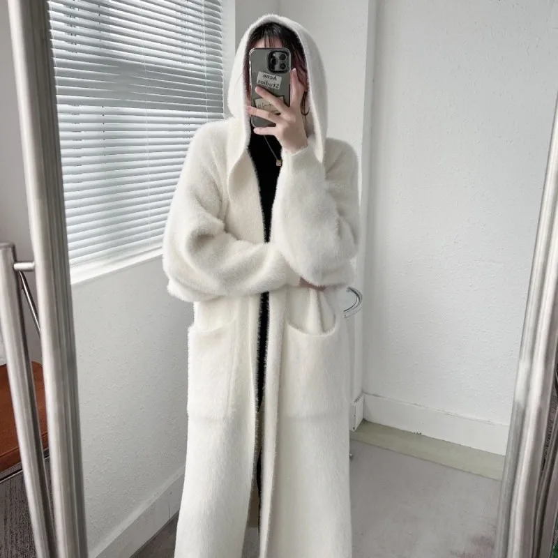 Mink Cashmere Hooded Long Coat Women Winter Full-sleeve Oversized Cardigan Dress Woman Keep Warm Winter Woman\'s Clothing Korea