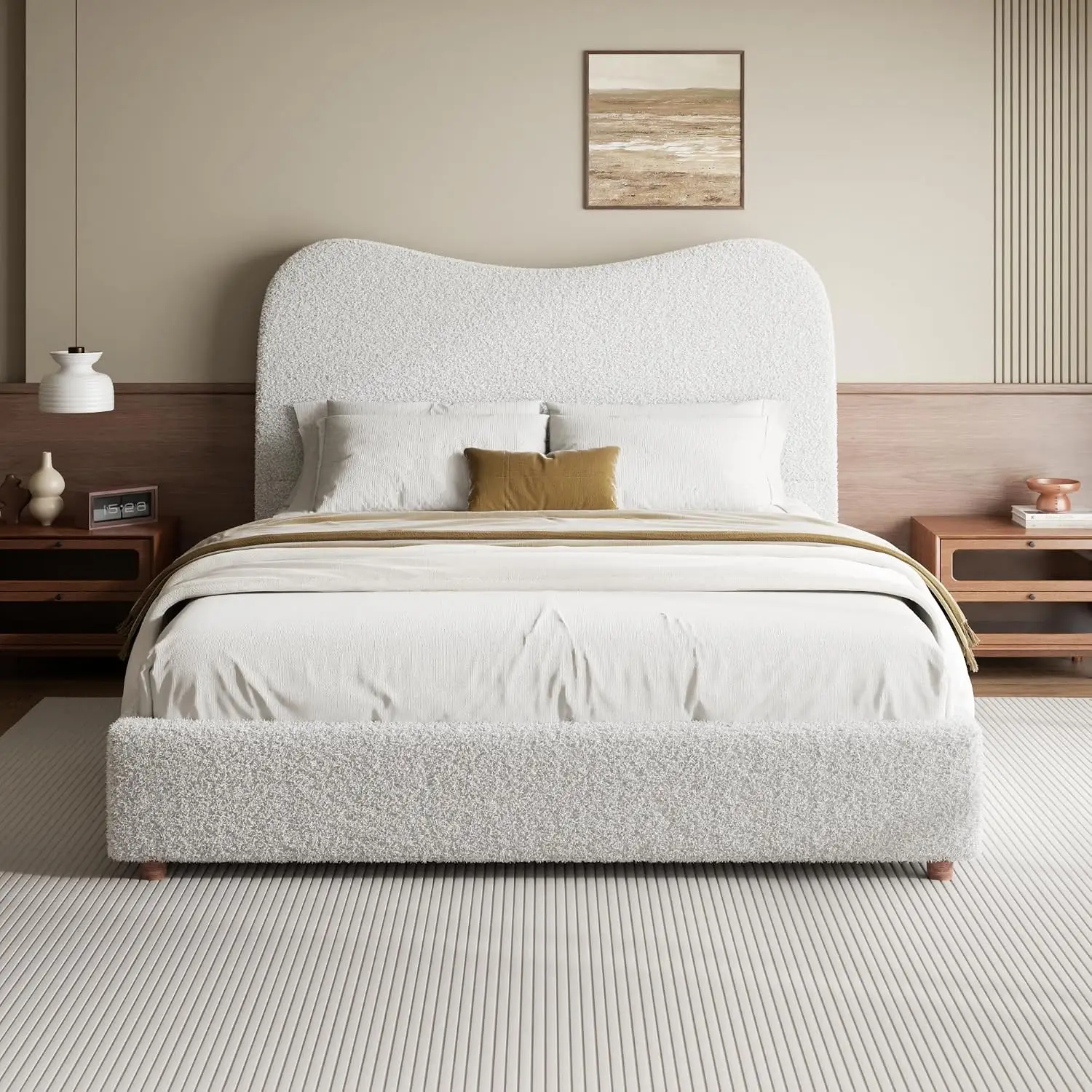 Beige Boucle Upholstered Platform Bed Frame With 47.2" Tall Headboard, Customized image 3