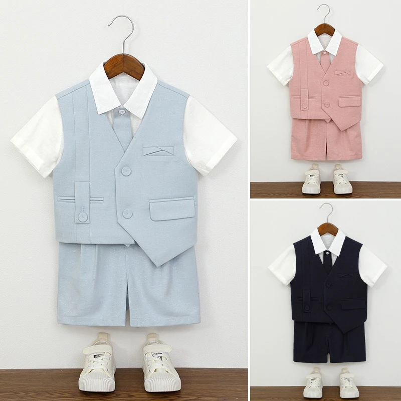 Toddler Boys Summer Formal Suit Set Kids Gentleman Outfit for Wedding Ring Bearer Birthday Party Short Sleeve Shirt Vest Shorts