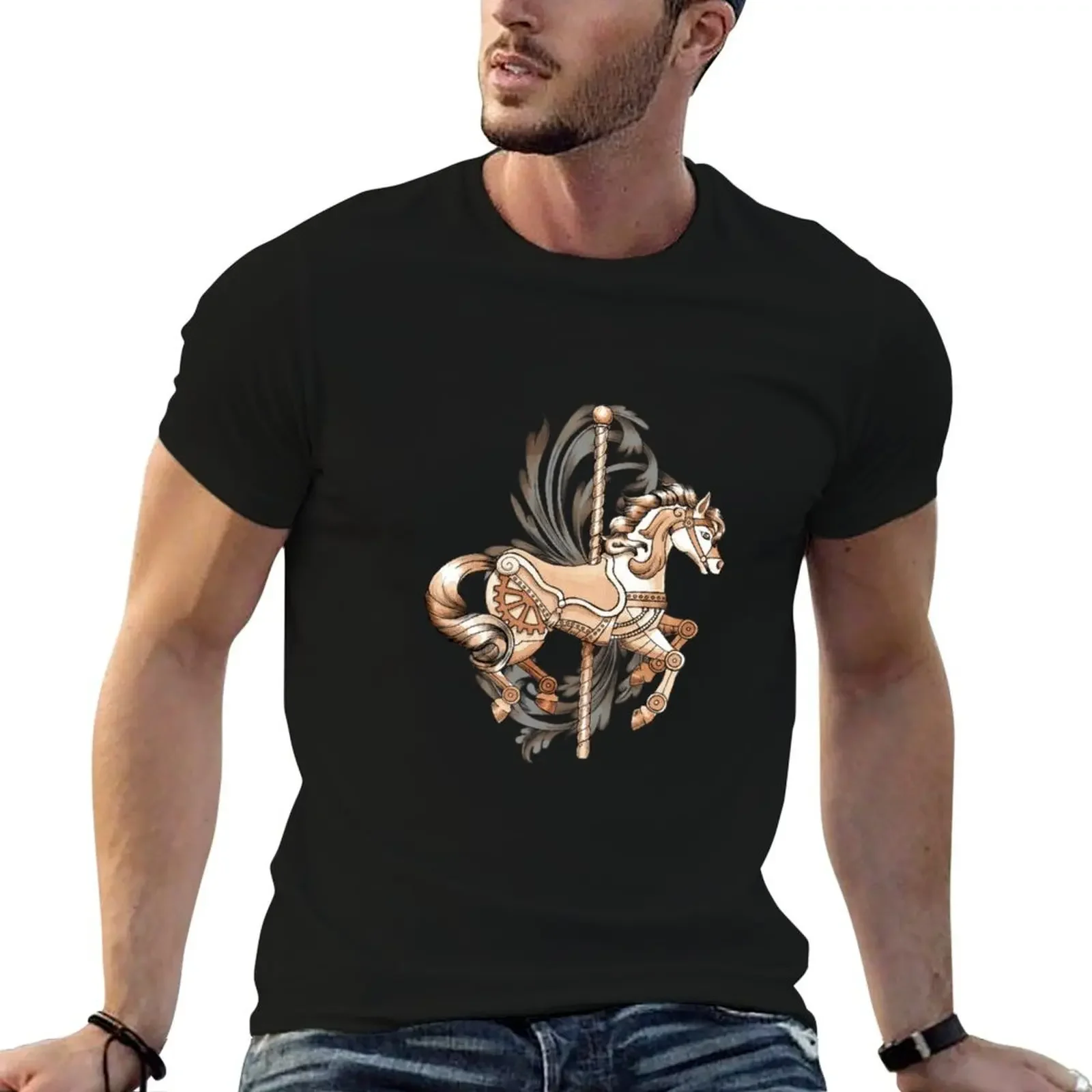 Steampunk Carousel Horse T-Shirt luxury clothing labubu summer clothes t shirt men 100℅ cotton