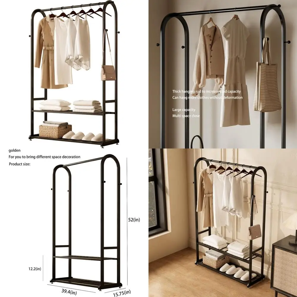 sturdy heavy duty clothes rack,black clothing rack with bottom shelves and 6 side hooks,metal garment rack for hanging clothes,w