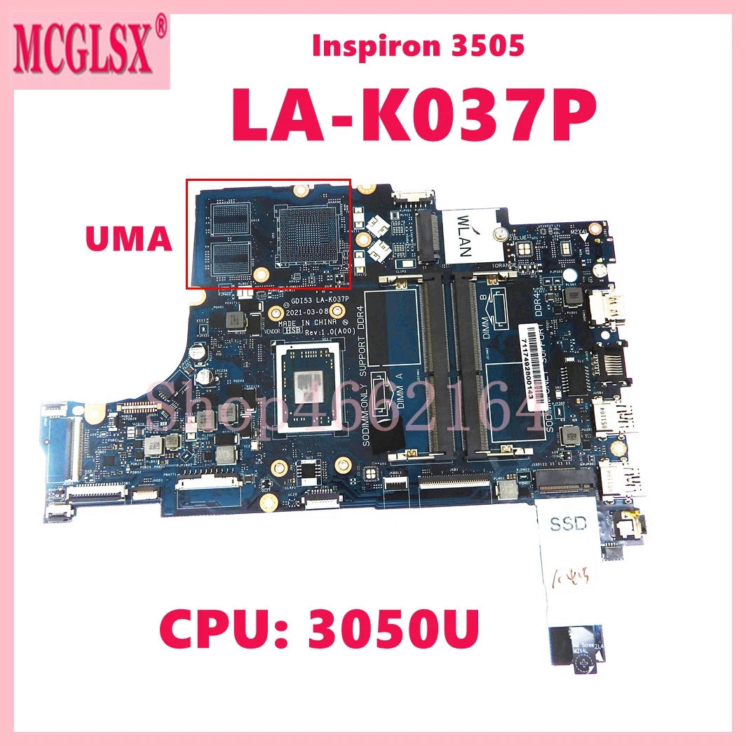 LA-K037P With 3050U CPU Notebook Mainboard For Dell Inspiron 3505 Laptop Motherboard CN-0P43K1 100% Tested OK