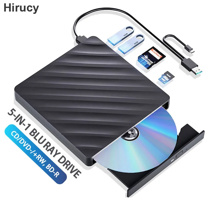 

5-in-1 External Bluray Drive USB3.0 Type-C BD-Combo Optical Drive CD DVD Player Reader Burner for Laptop PC Windows 11 10 Mac