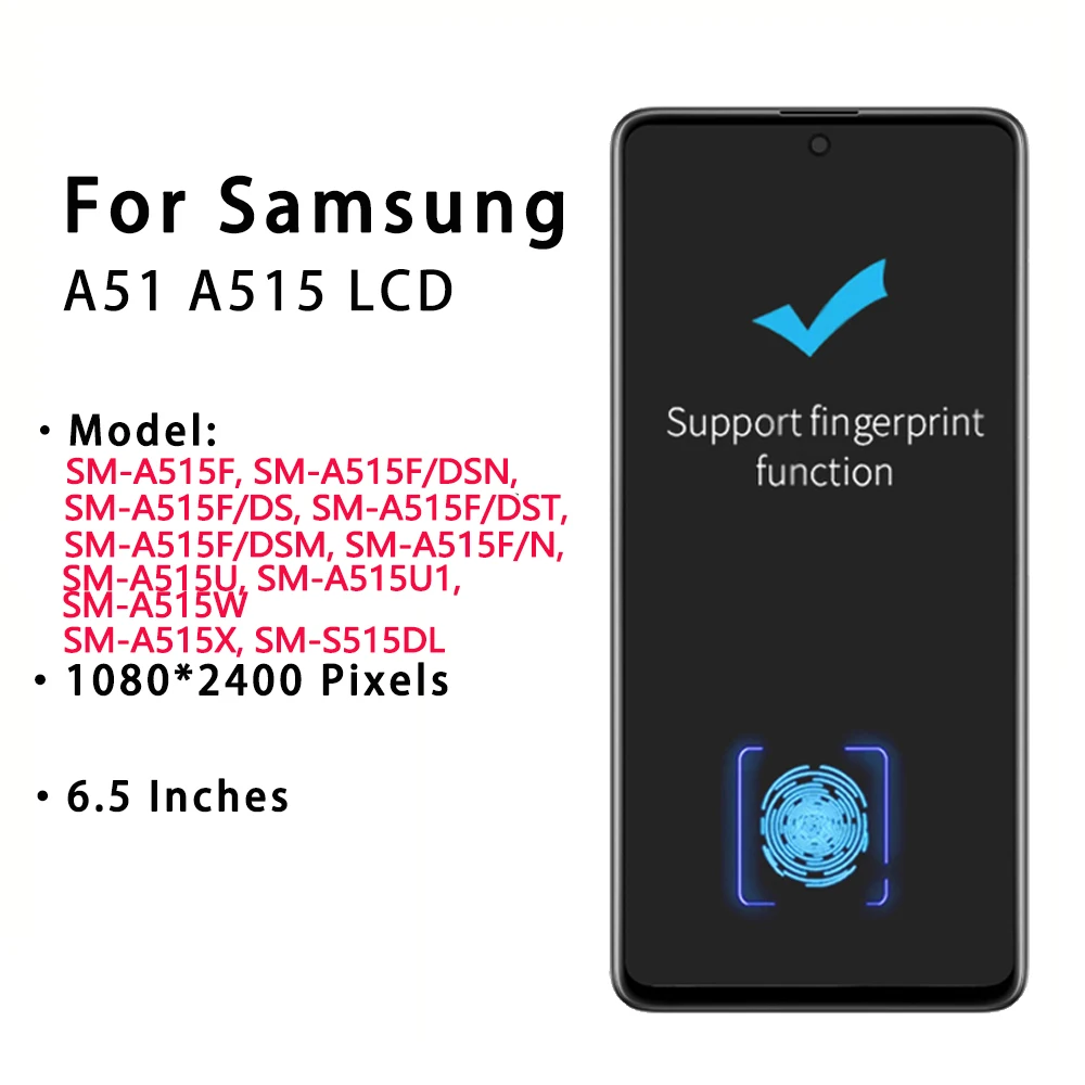 Wyświetlacz Super AMOELD do Samsung Galaxy A51 Wyświetlacz LCD Ekran dotykowy Digitizer Zespół do Samsung A51 SM-A515F Wyświetlacz LCD