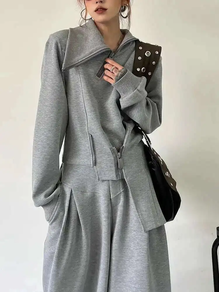 BJTZ عادية غير النظامية 2 قطعة مجموعة المرأة 2025 ربيع الخريف العصرية الوقوف طوق سستة تصميم مقنعين عالية الخصر بنطال ذو قصة أرجل واسعة