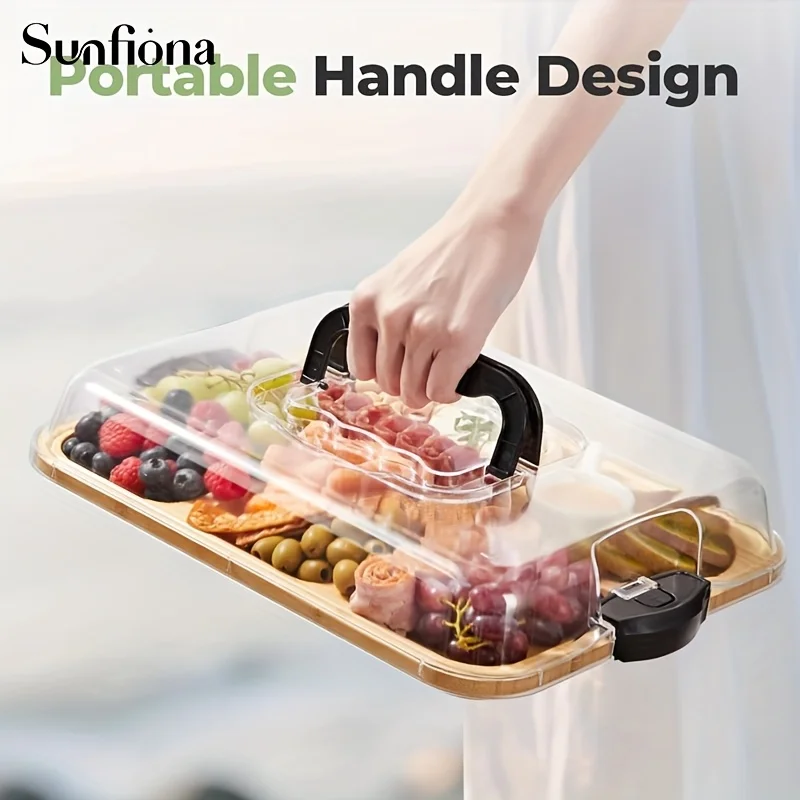 

Экологичная бамбуковая доска для сыра из 1 частей с безопасной защелкивающейся акриловой крышкой — портативный поднос для еды для кемпинга, вечеринок, ресторанов