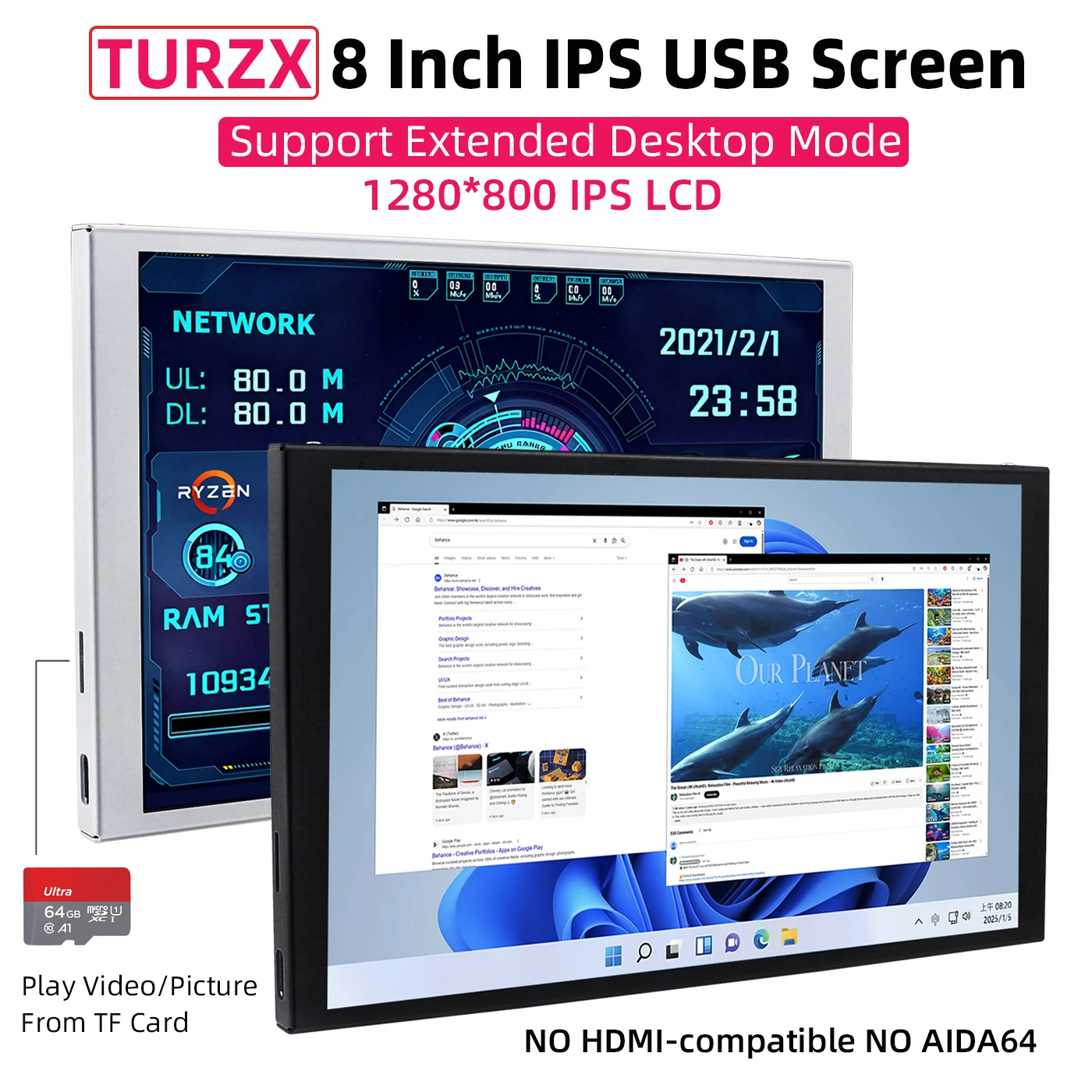 TURZX 8 Inch Secondary Screen USB Display 1280x800 IPS LCD Extended Desktop Mode & CPU GPU RAM HDD Monitor No AIDA64 Win10/11