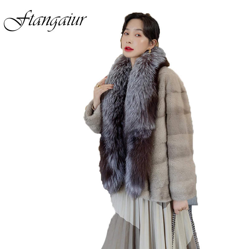 

Ftangaiur Winter Import Purple Standard Velvet Mink Fur Coat Women With Fox Fur Collar Short Loose Natural Real Mink Fur Coats