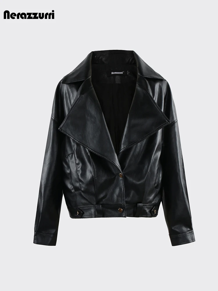 

Nerazzurri Autumn Loose Short Green Pu Leather Jacket Women Stylish Fashion High Quality Luxury Designer Korean Fashion Clothes