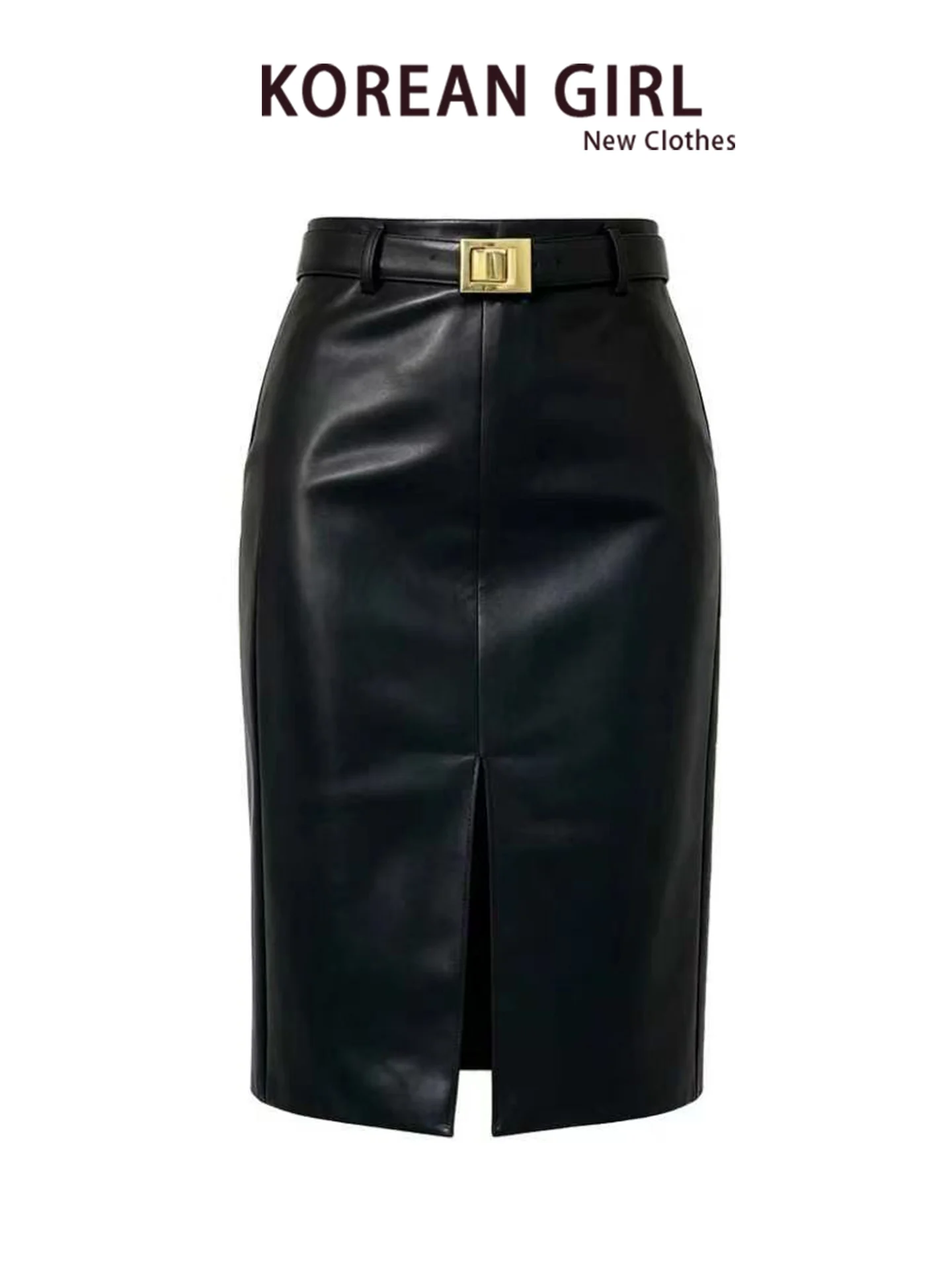 Elegant Black Mid-Leg Slit PU Leather Skirt Women's Autumn High-End Feelings Mid-Length Wrap around Skirt Half-length Skirts