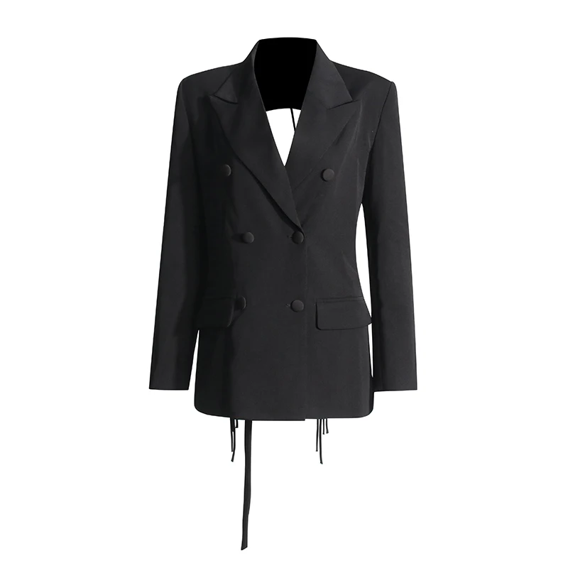 ONEINALL Effen Patchwork Trekkoord Chique Blazers Voor Vrouwen Notched Kraag Lange Mouw Backless Gesplitste Diamanten Jas Vrouwelijke Nieuw