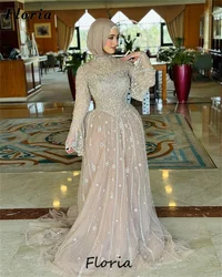 Muslim Chanpagne Beading Evening Dresses Saudi Arabia A Line Crystals Party Cermony Dress Women Long Sleeves Birthday Prom Dress