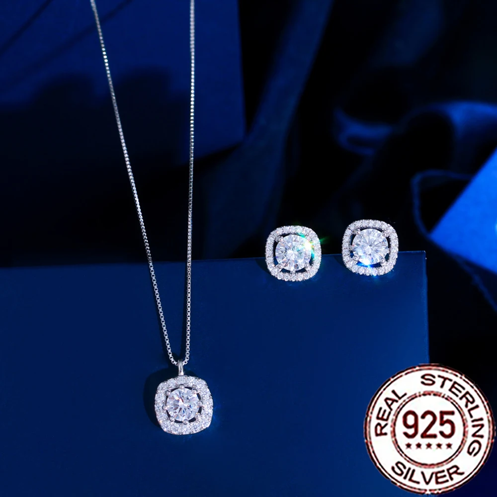 

QooLady 925 Sterling Silver Sparkling CZ Crystal Square Stud Earrings Necklace Set for Women Fine Anniversary Jewelry Gift ST028