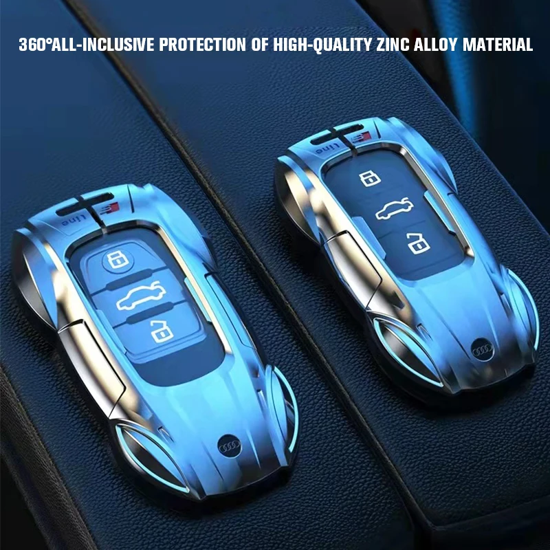Zinc Alloy Car Key Case Cover with Boutique Metal Leather Keychain for AUDI A6 A4 A3 Q2 Q3 Q5 Q7 A7 A8 Car Key Shell Protector