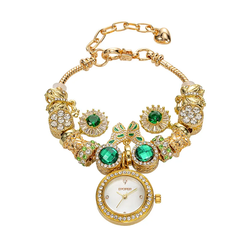 

Round Bracelet Watch Gold Emerald Ladies Watch Quartz Watch