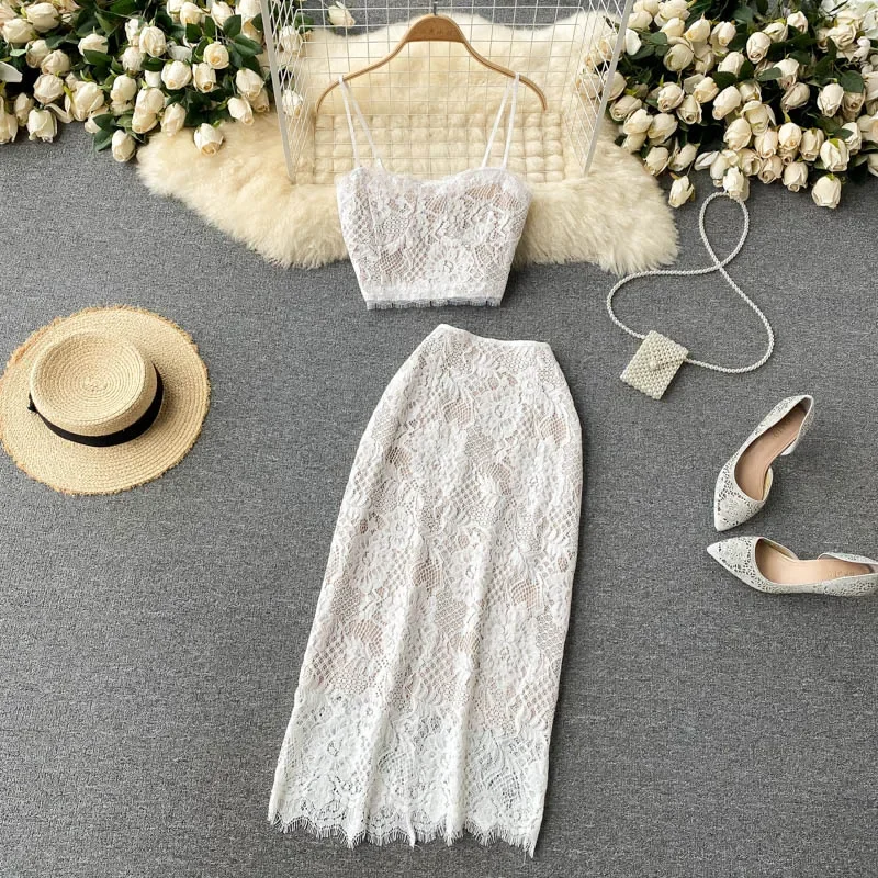 

Womens Sexy Lace Top Skirt 2-piece Set White Spaghetti Strap Crop Top Long Pencil Skirts Clothing Set Suit