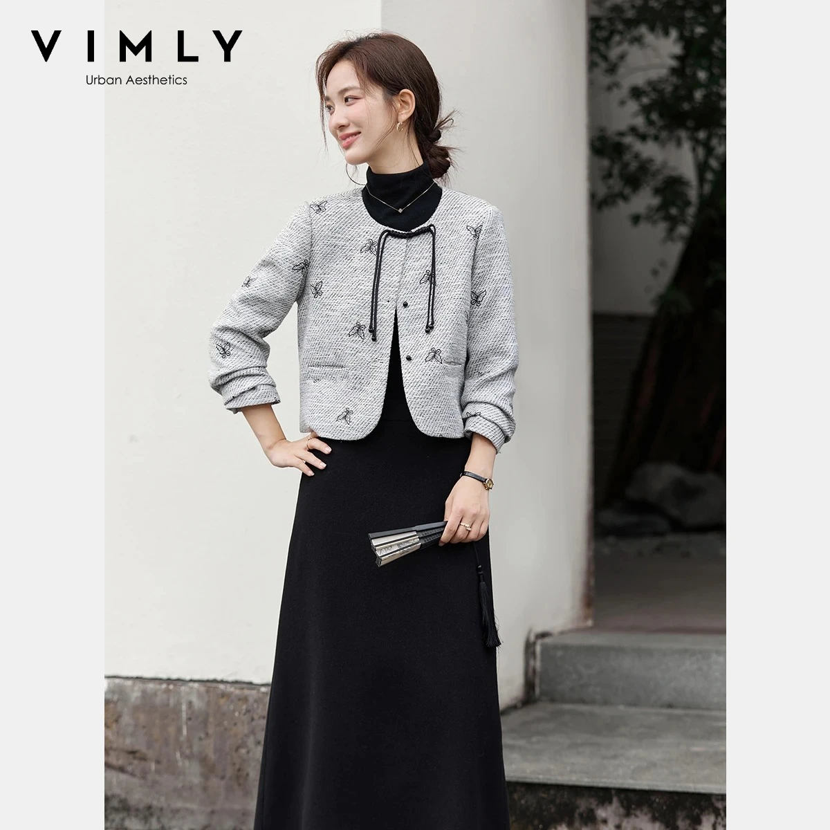 VIMLY Women's Skirt Suit Chinese Style Winter 2025 Black Butterfly Embroidery Top A-line Long Skirt Ladies Sets Two Pieces A2908