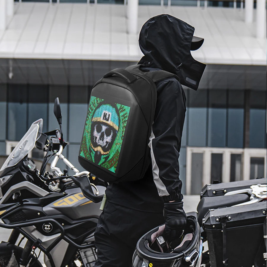 App Control LED Knight Backpack, Hard Shell Motorcycle Helmet Bag with DIY Programmable Full Color Screen, Waterproof Motorbike