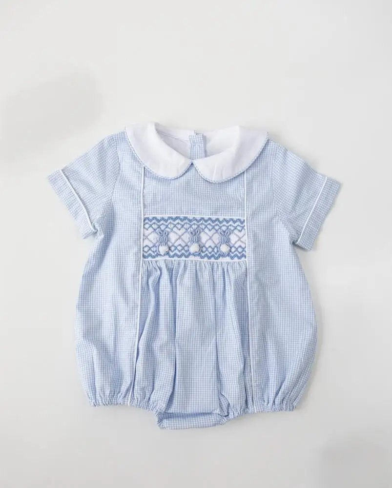 0-12Y Baby Girl Summer Handmade Embroidery Smocked Blue Plaid Dress Boy Suit for Birthday Holiday Easter Photography Eid A129