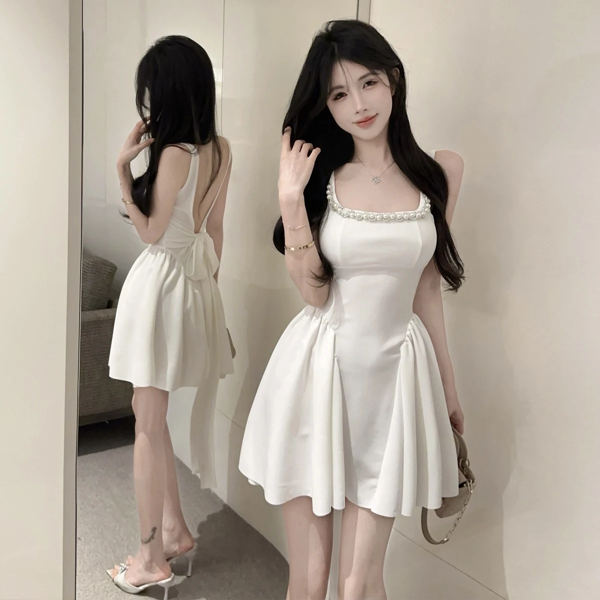 Summer French Fashion High-end Mini Evening Gown Women's Beaded Backless Bowknot Camisole Party Dress Sexy Elegant Chic Dress