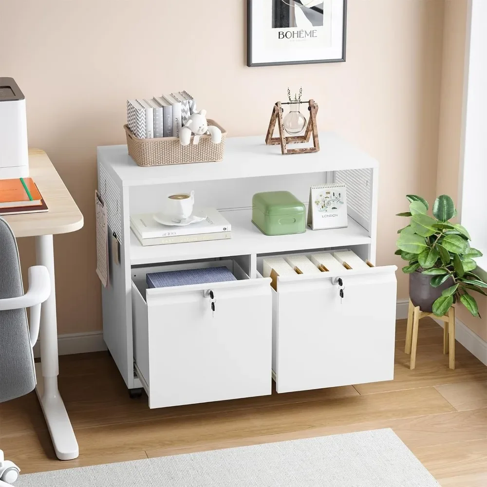 

White Metal Rolling Drawer File Cabinet – Lockable Lateral Filing Cabinet for A4/File Box