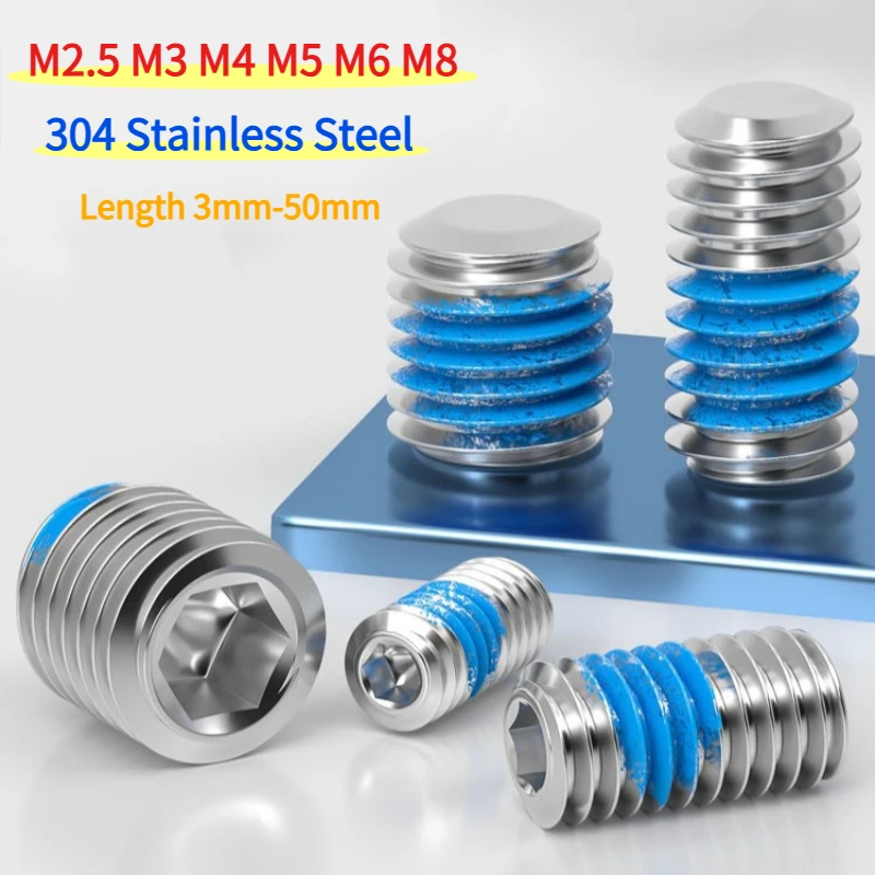 M2.5-M8 DIN913 304 Stainless Steel Allen Hex Hexagon Socket Flat Point Set Screw Headless Bolt Blue Glue Anti Loosening Screw