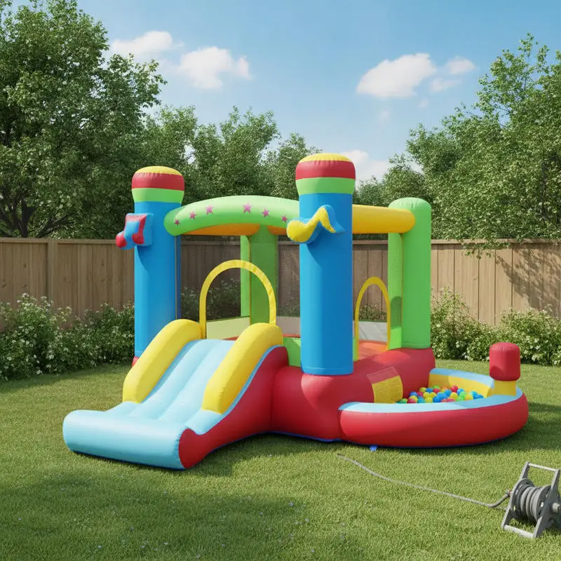 Château gonflable pour enfants sur le thème de la musique, avec interaction sonore, sans souffleur. Espace de jeu gonflable sécurisé pour enfants, le design sonore interactif ajoute du plaisir aux divertissements intérieurs et extérieurs.