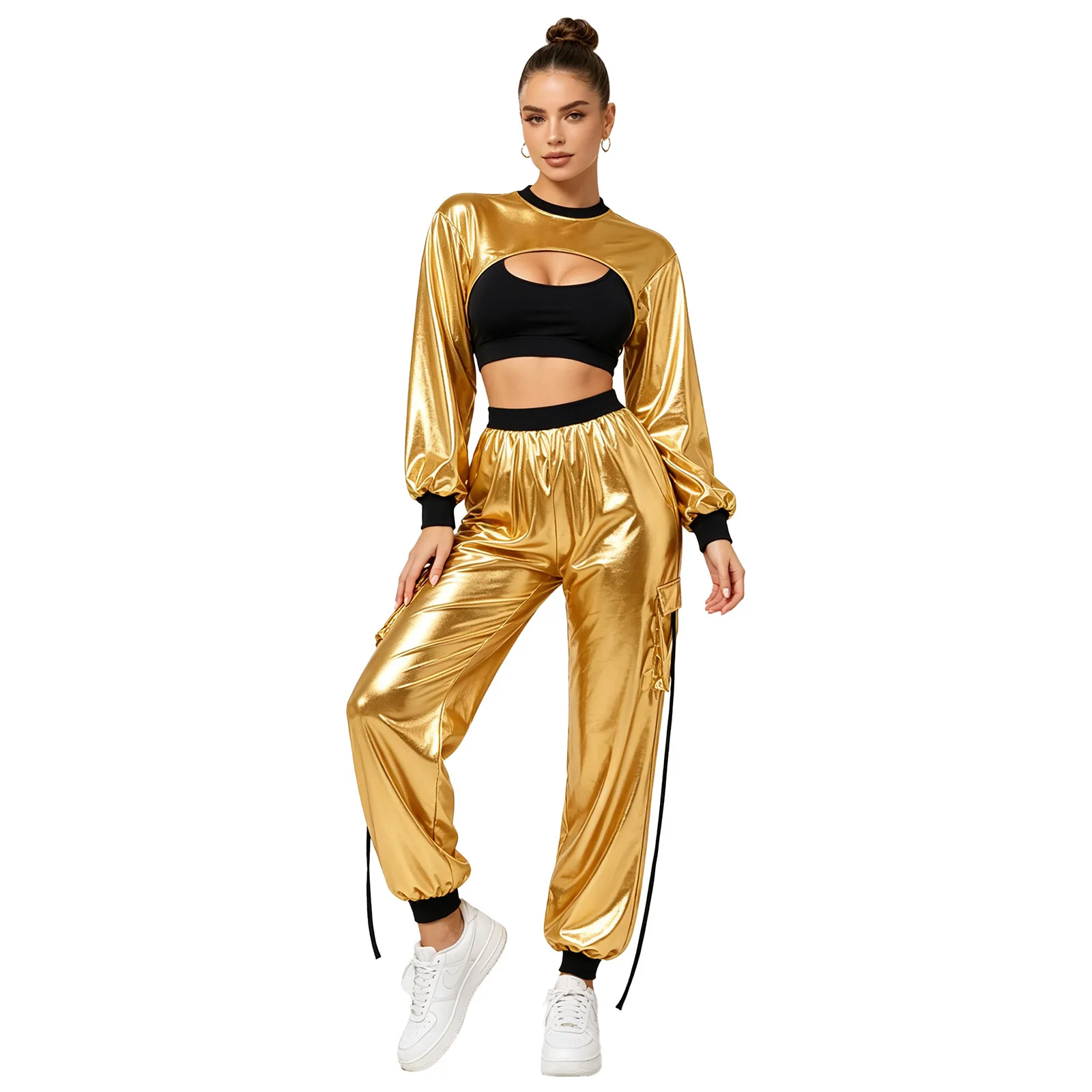 Women's Metallic Shiny Hip Hop Jazz Dance Outfit Long Sleeve Cutout Crop Top And Cargo Jogging Pants for Disco Bar Rave Clubwear