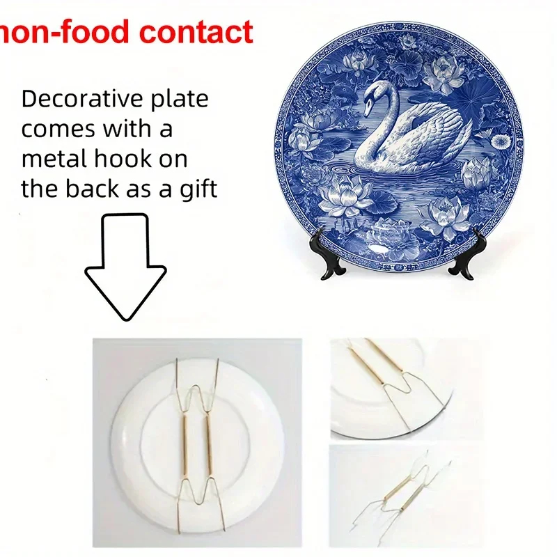 1pc Vintage Blue and White Ceramic Wall Plate - Elegant Swan & for Lotus Floral Decor, Non-Food Contact Decoration for Living