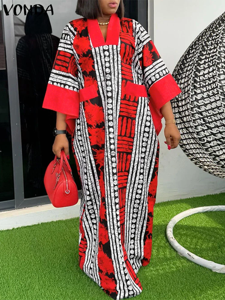 

VONDA Vintage Print Dress Women Summer Party Maxi Vestidos 2025 Fashion V-Neck 3/4 Sleeve Casual Oversized Loose Long Robe
