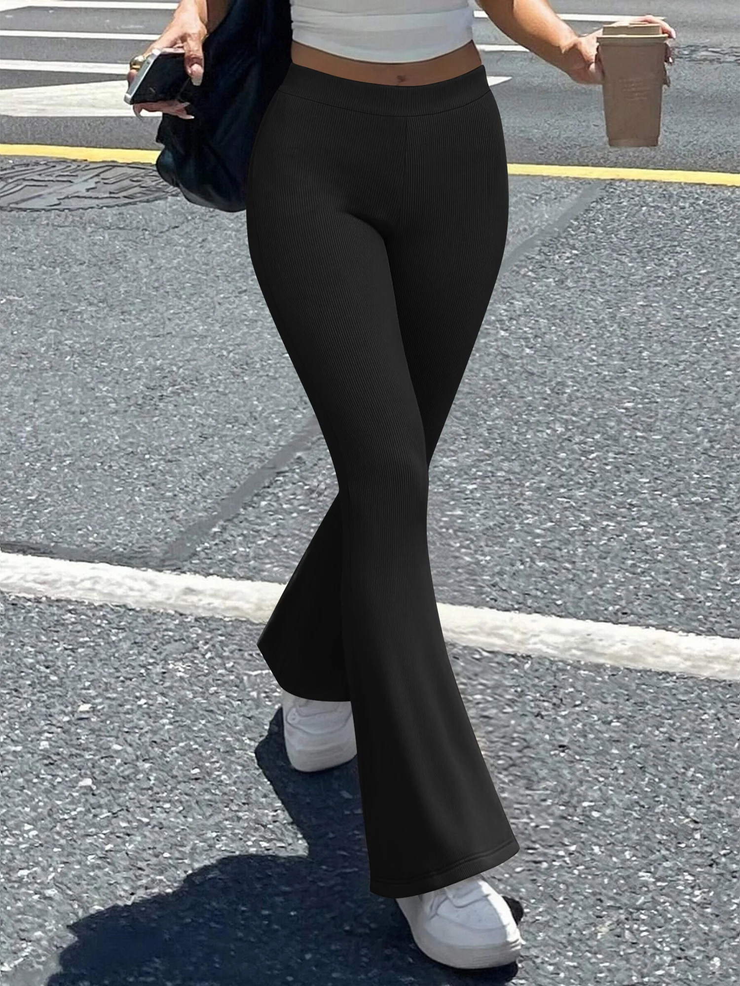 Y2K Retro Streetwear Ribbed Flare Pants Women, High Waist Elastic Slim Trousers, Stylish Outfits for Young Ladies
